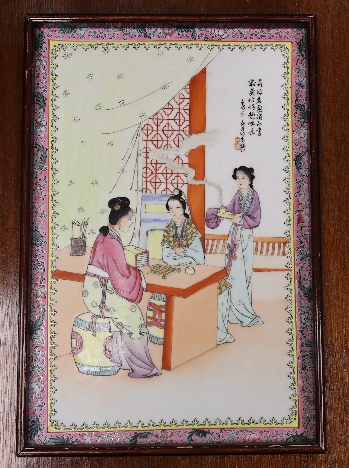 A set of four mid 20th century framed Chinese famille rose plaques, 55x38cm including frame